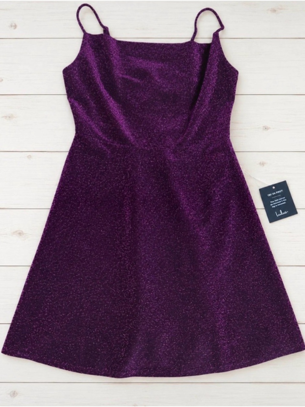 Juniors HOCO Sparkle Purple A-Line Dress with Spaghetti Straps